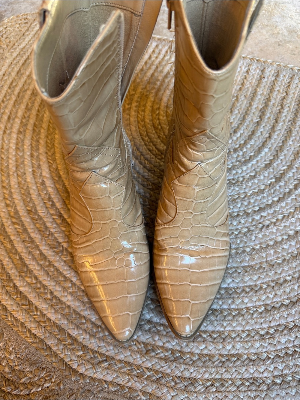 Coconuts by Matisse Beige Croc-Embossed Pointed Toe Heeled Boots